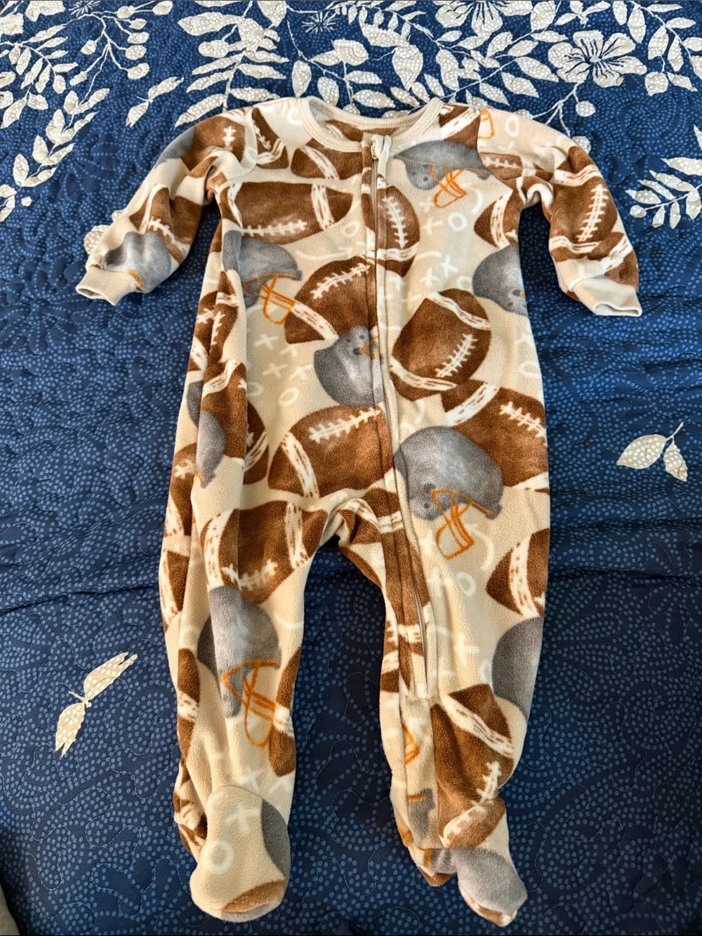 Kids Headquarters size 9M two Football Fleece One-Piece Sleepers - Gray & Brown